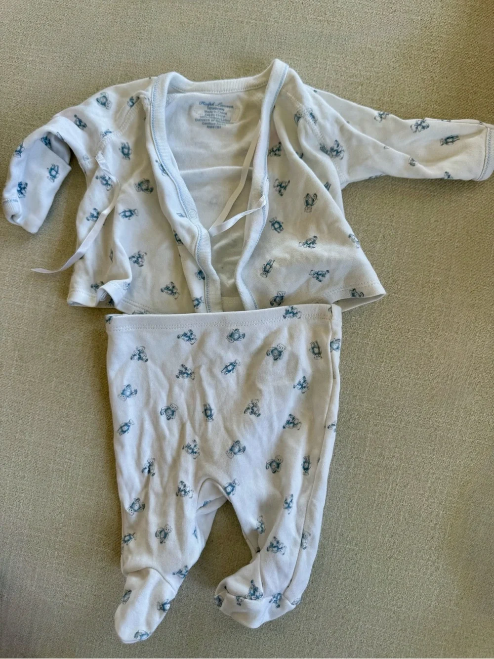 ralph lauren Baby Footed Two-Piece Pajama Set in White with Blue Print